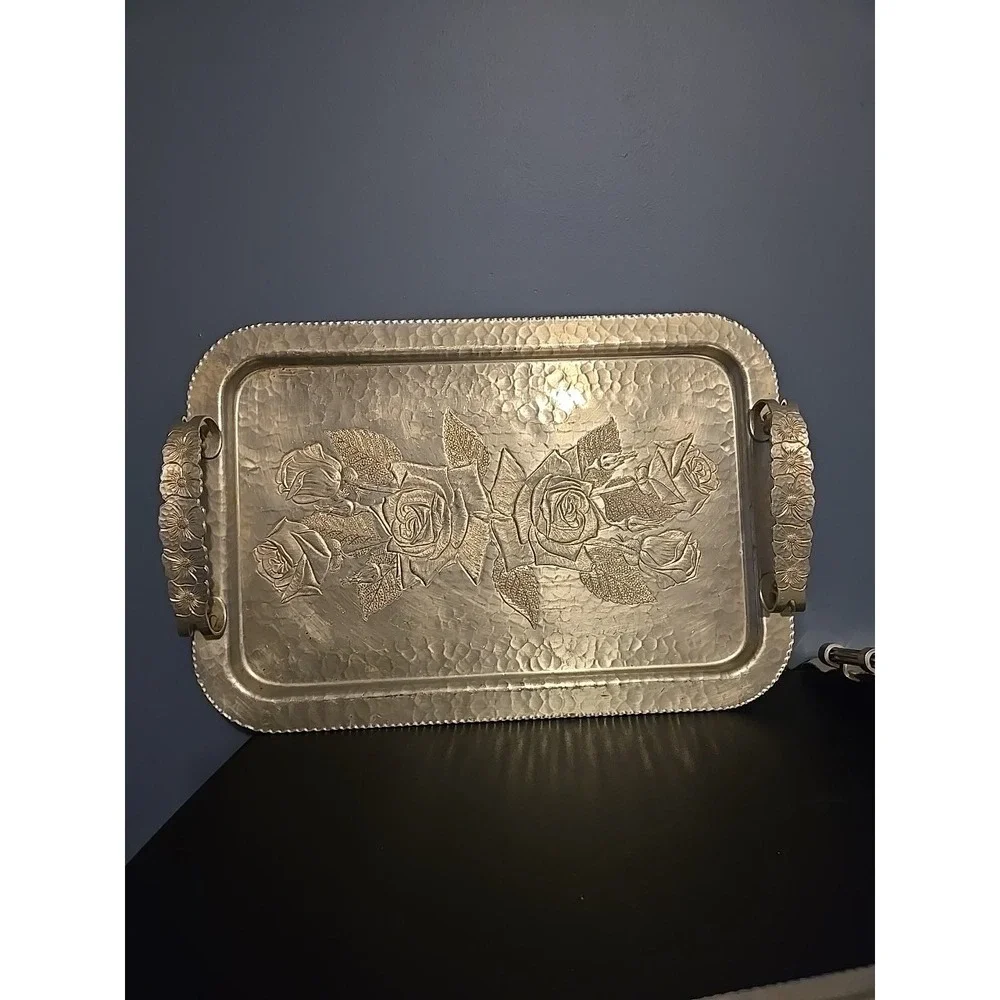 VINTAGE CONTINENTAL SILVER CO WILD ROSE BRILLIANTONE #1023 HAMMERED SERVING TRAY